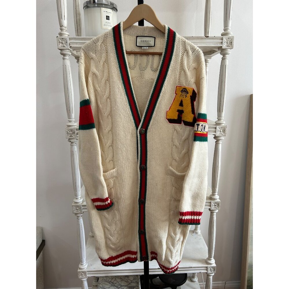 Gucci Embroidered Chunky Cable Knit Long Cardigan In White XS Small - Picture 4 of 5
